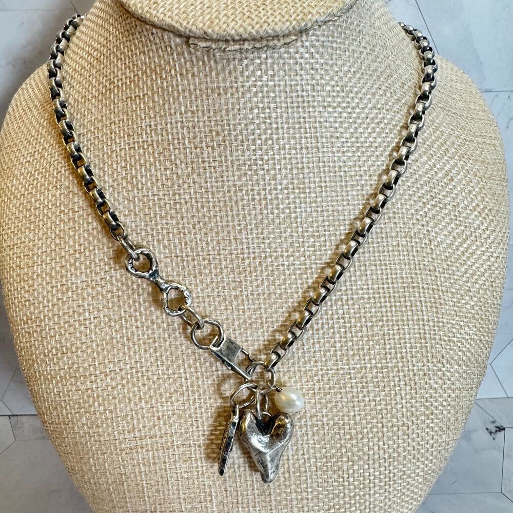 Jes Maharry Sterling Silver Heart Charm Necklace Courage Pearl Chunky 925 RARE